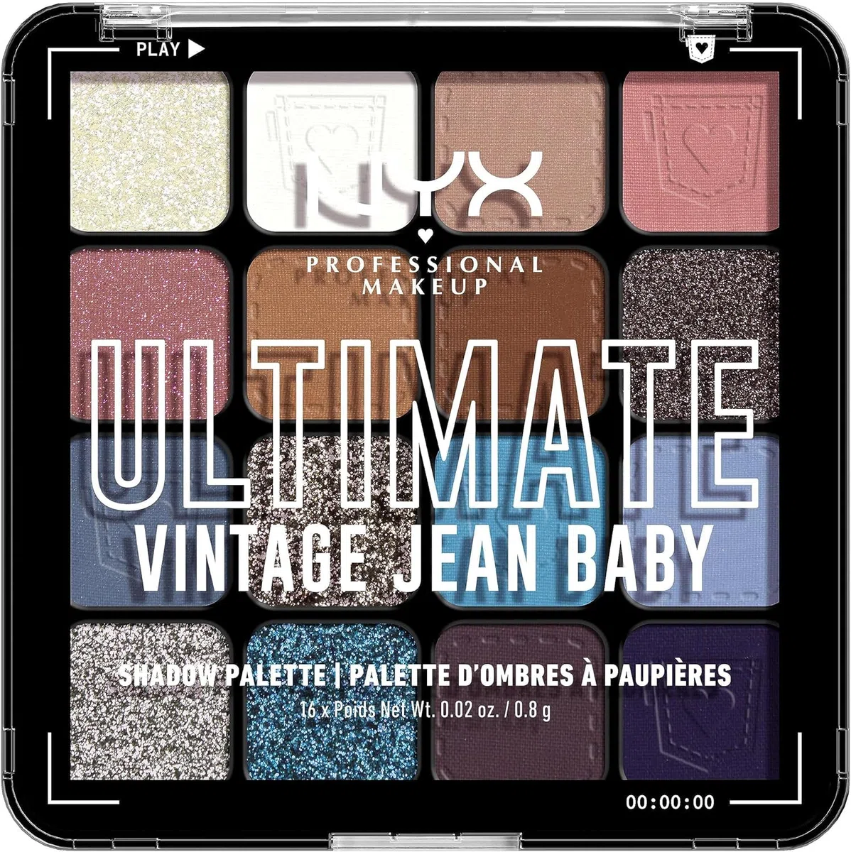 NYX Professional Makeup Paleta de Sombras de Ojos Ultimate Shadow Palette, 16 Sombras Ultra-Pigmentada, Larga Duración, Fórmula Vegana, Vintage Jean Baby