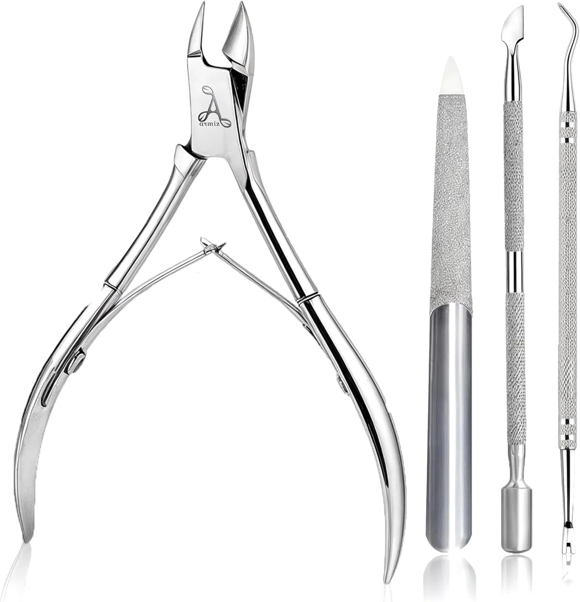 Juego de 4 Herramientas para Cutículas - Cortador de Cutículas, Empujador de Cutículas, Limpiador de Uñas y Lima de Uñas, Acero Inoxidable para Manicura y Pedicura